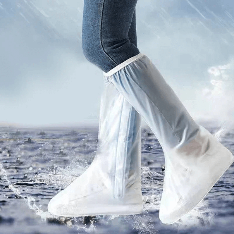 Person wearing Waterproof Zipper Silicone Boot Covers, SF2205, in rain. Reusable, non-slip, perfect for outdoor activities. Unisex.