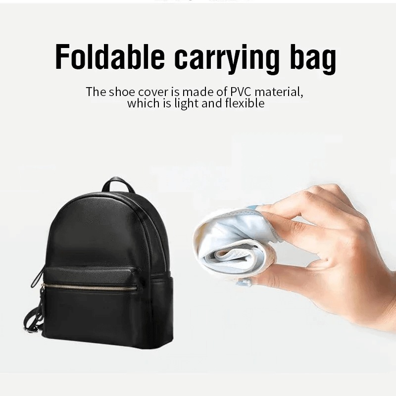 Person holding a compact, foldable PVC shoe cover next to a black carrying backpack, with text about light and flexible material.