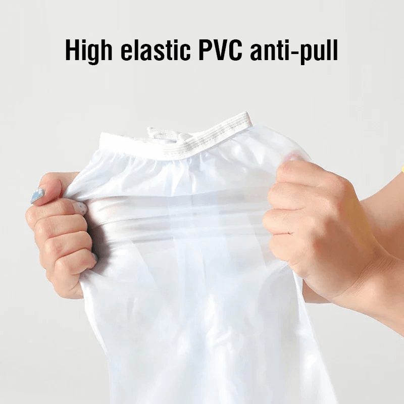 Hands stretching white high elastic PVC material showcasing anti-pull durability, ideal for waterproof boot covers.