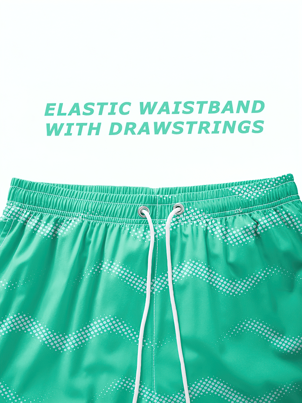 Alt Tag: Wave Print Board Shorts with Mesh Liner - SF4535 elastic waistband with drawstrings, green zigzag wave swim shorts close-up