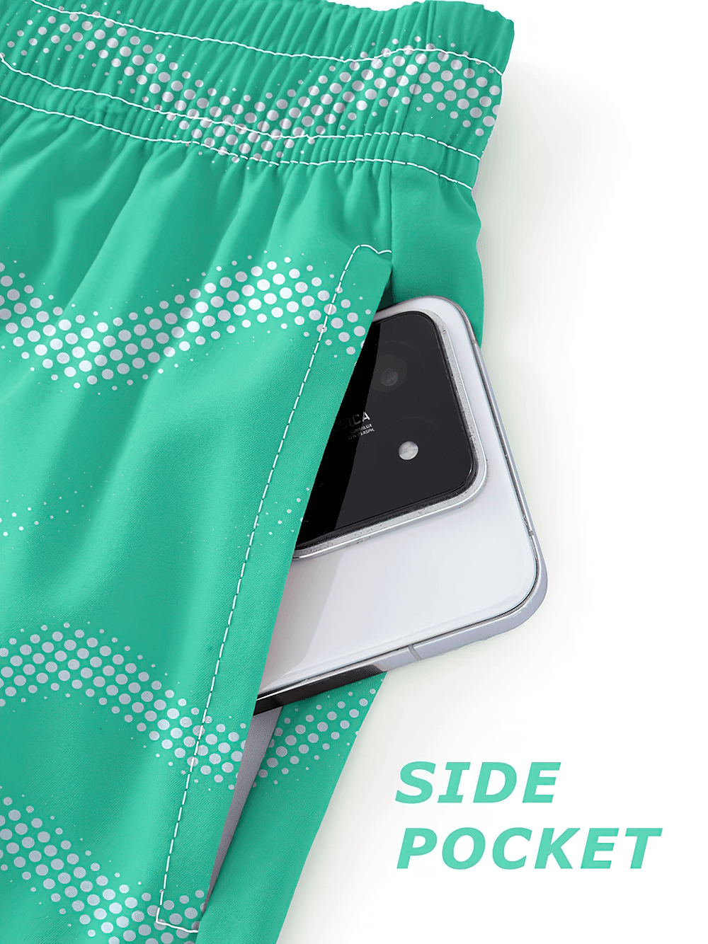 Alt Tag: Wave Print Board Shorts with Mesh Liner - SF4535 green zigzag swim shorts side pocket with phone, elastic waist beach-ready