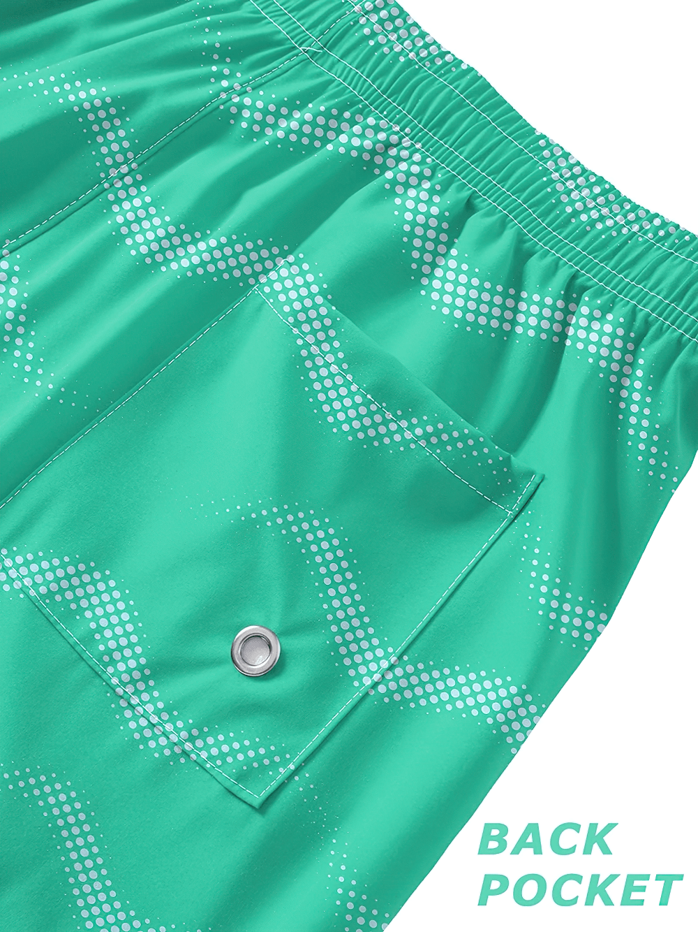 Alt Tag: Wave Print Board Shorts with Mesh Liner - SF4535 back pocket detail, green dotted zigzag wave print swim trunks with mesh liner