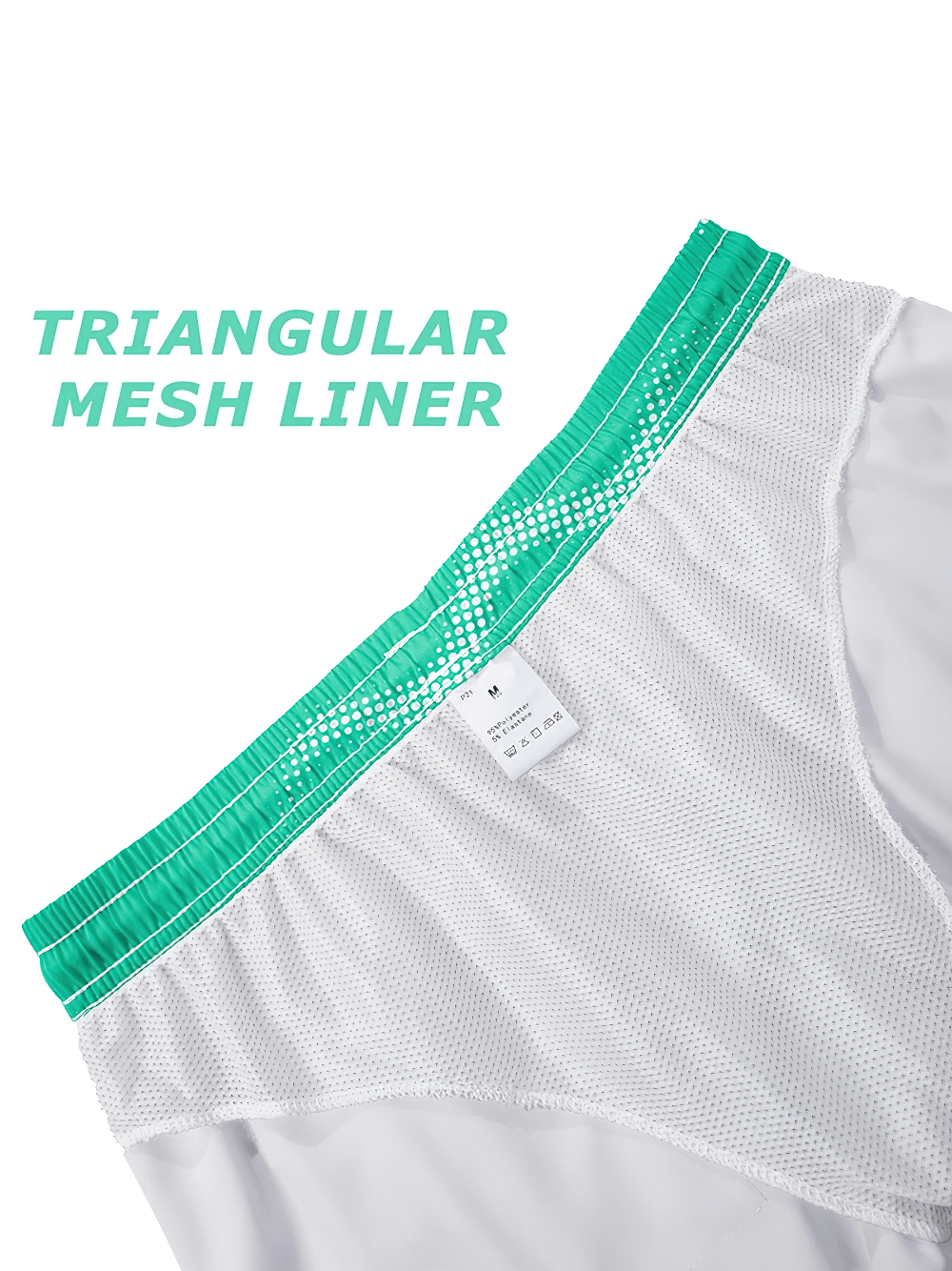 Alt Tag: Wave Print Board Shorts with Mesh Liner - SF4535 triangular mesh liner close-up, breathable white lining and green waistband detail