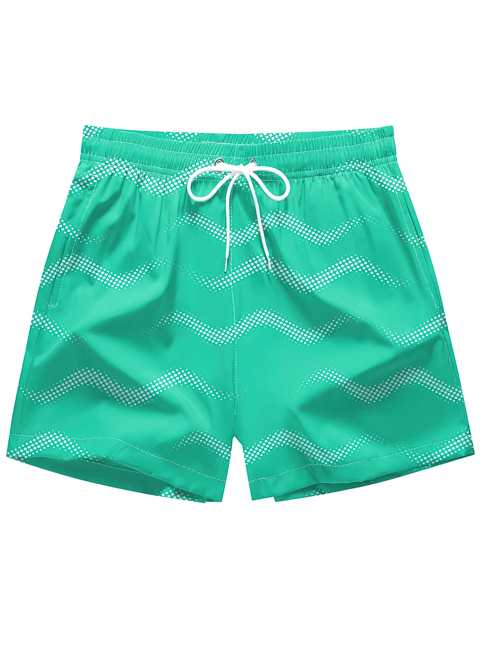 Alt Tag: Wave Print Board Shorts with Mesh Liner - SF4535 green zigzag wave swim trunks with elastic drawstring waist and pockets