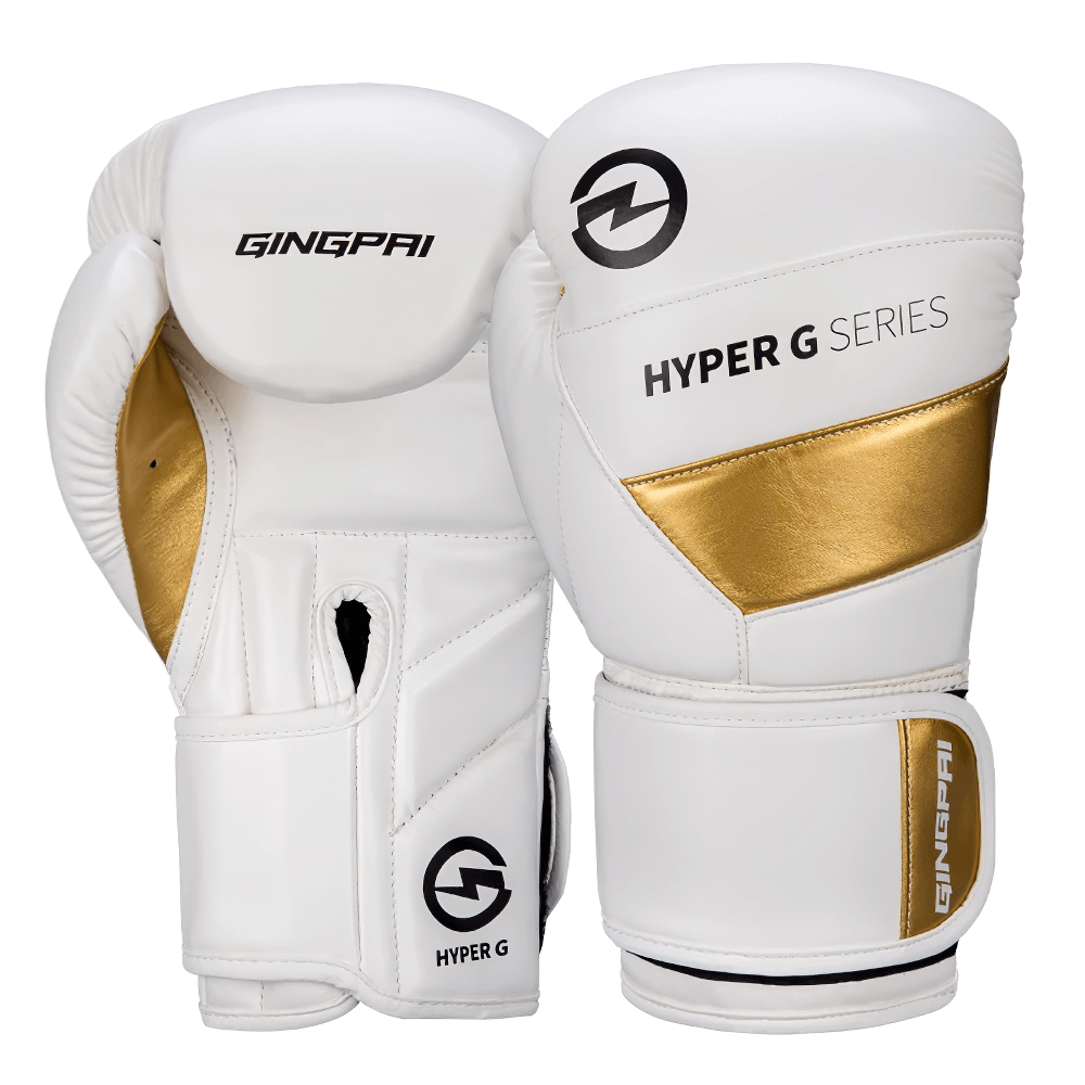 Premium white and gold PU leather boxing gloves perfect for sparring and training sessions; durable and breathable design.