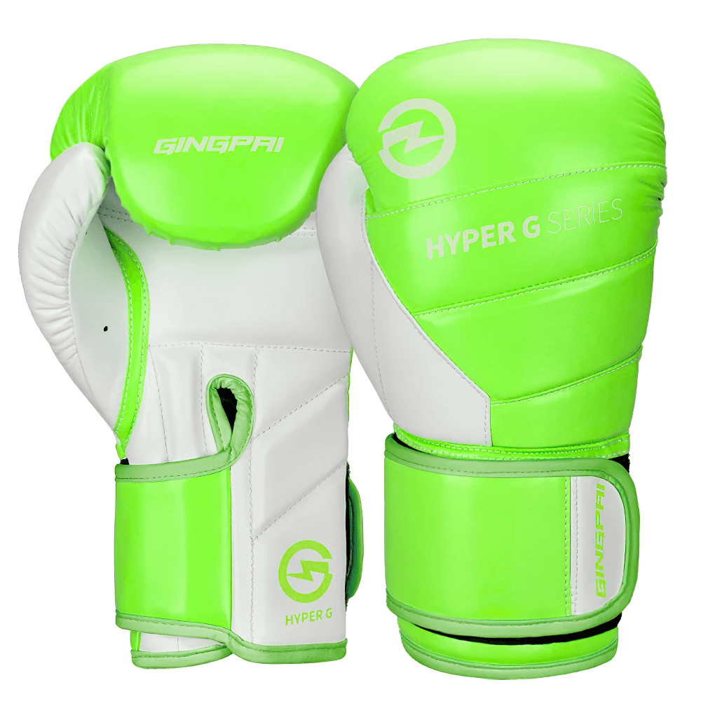 Vibrant green and white boxing gloves with secure wrist strap, ideal for combat sports and sparring, promoting durability and breathability.