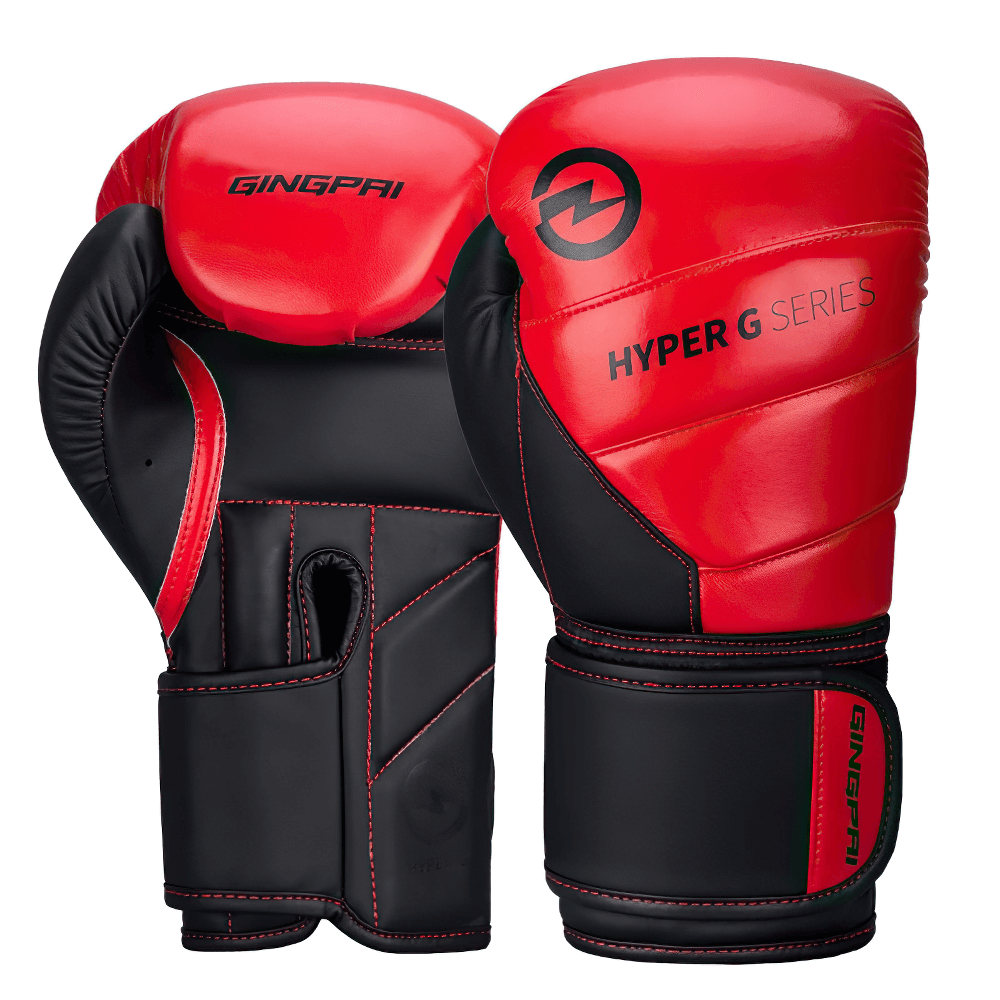 Red and black wear-resistant PU leather boxing gloves for sparring, featuring secure wrist strap and ergonomic fit, SF2688 model.