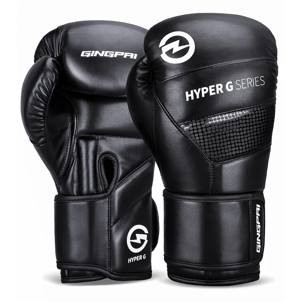 Black PU leather boxing gloves for sparring with secure wrist straps and ergonomic fit.
