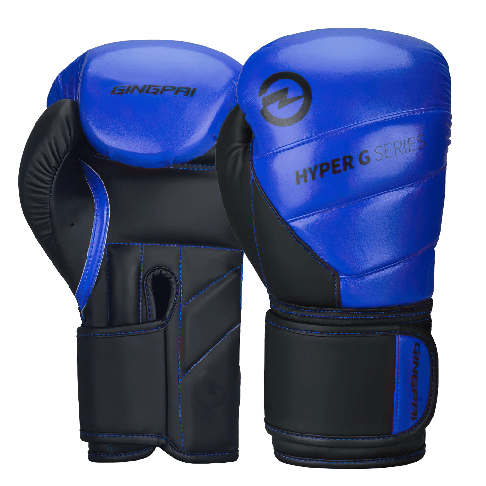 Blue wear-resistant PU leather boxing gloves for sparring with secure wrist strap, ideal for combat sports and fitness workouts.