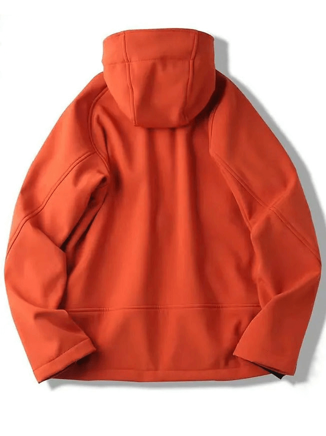 Back view of orange softshell hooded jacket, weather-resistant for outdoor adventures, ideal for camping and hiking.