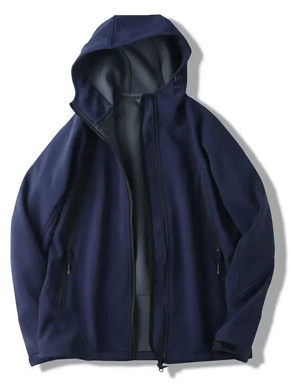 Navy weather-resistant softshell hooded jacket for men with thermal insulation for outdoor adventures.