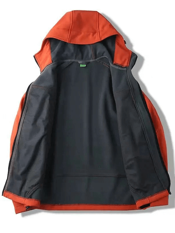 Open view of orange weather-resistant softshell hooded jacket with polyester lining, perfect for outdoor adventures like hiking and camping.