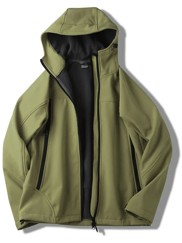 Olive green weather-resistant softshell hooded jacket for men, perfect for outdoor activities like hiking and camping, SF1965.