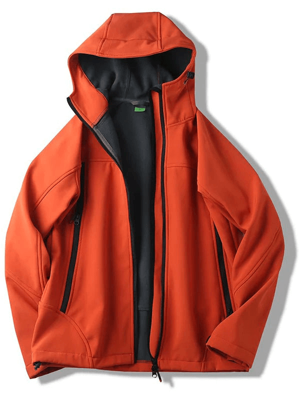 Bright orange weather-resistant softshell hooded jacket for men, ideal for camping and hiking, with zippered pockets and lightweight insulation.
