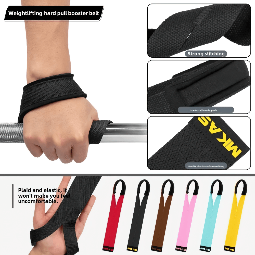 Black weight lifting wrist strap with strong stitching and multiple color options for deadlifting and gym workouts.