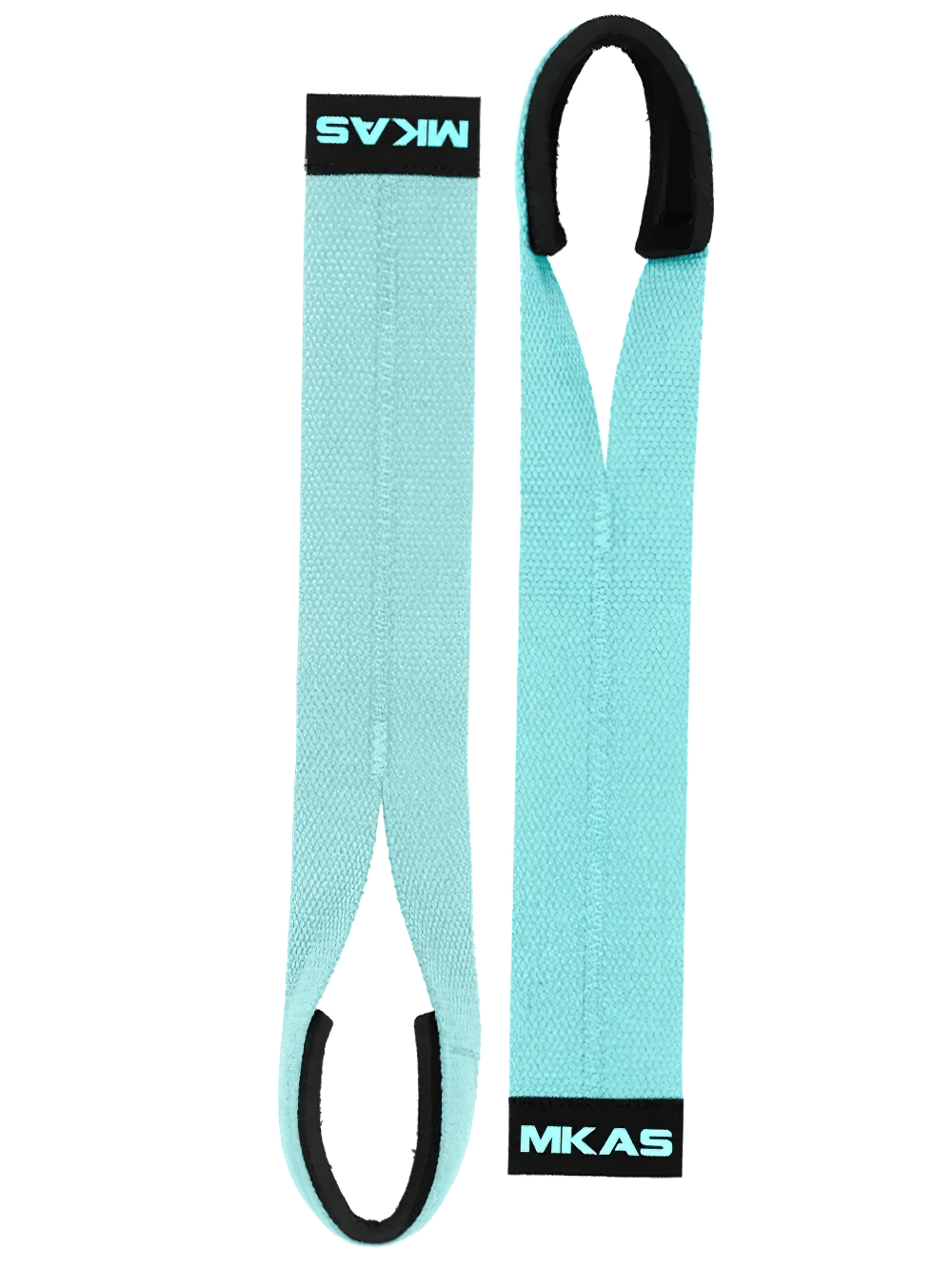 Light blue weight lifting wrist straps for support in gym workouts, featuring a durable design by MKAS. Ideal for deadlifts and power lifts.