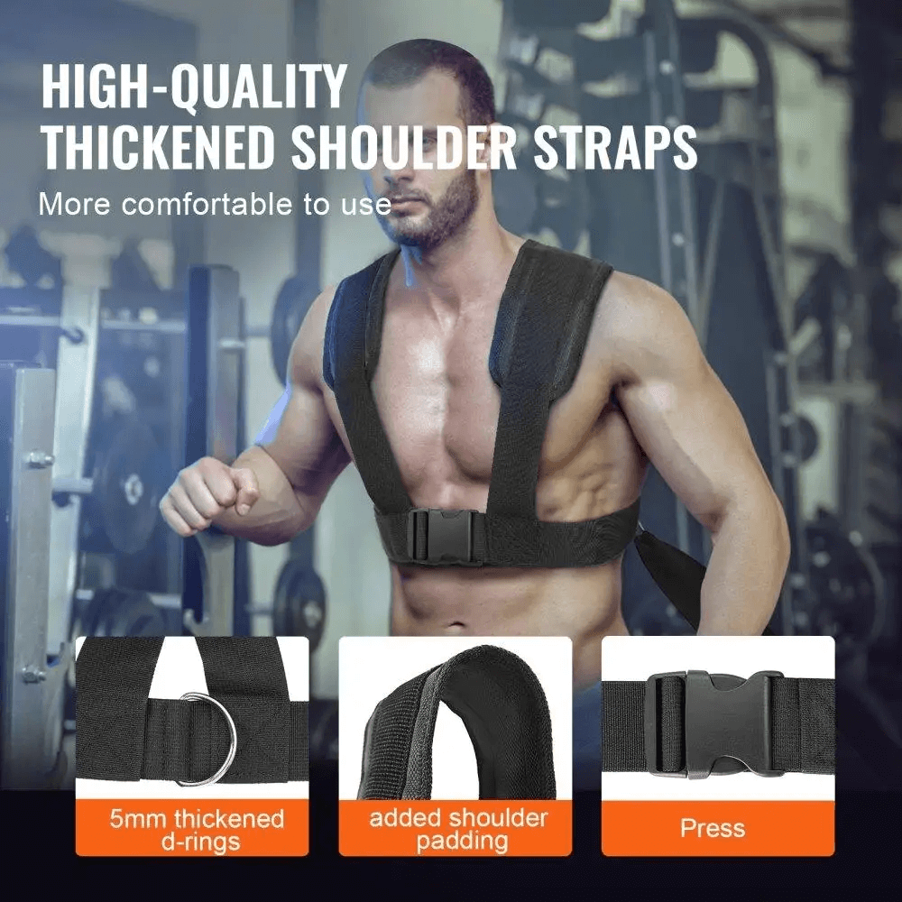 Man using high-quality thickened shoulder straps with 5mm D-rings, enhanced padding, and press closure in gym setting.