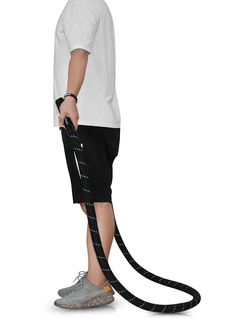 Man holding Weighted Battle Jump Rope for Cardio Training - SF3494, ideal for intense cardio and endurance workouts.