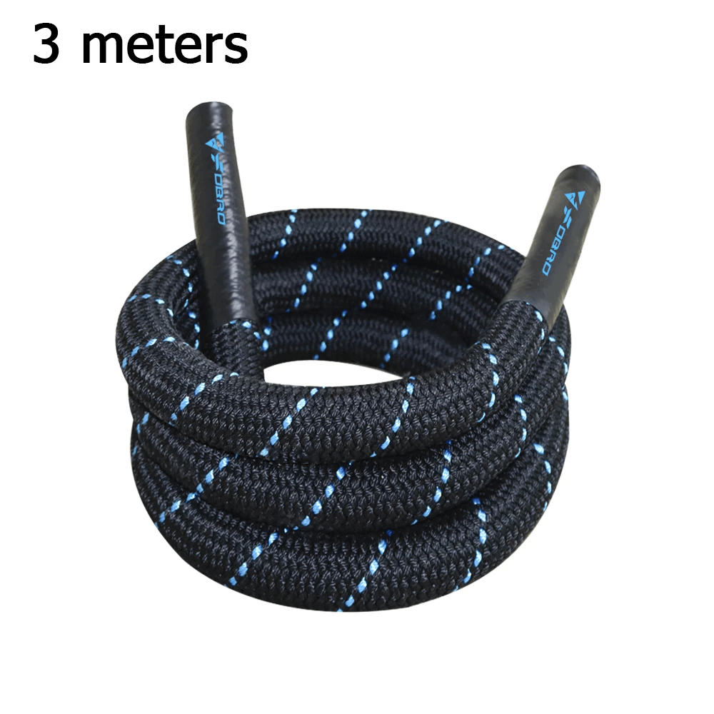 3 meter Weighted Battle Jump Rope for Cardio Training - SF3494, black braided rope with blue accents, ideal for fitness and strength.