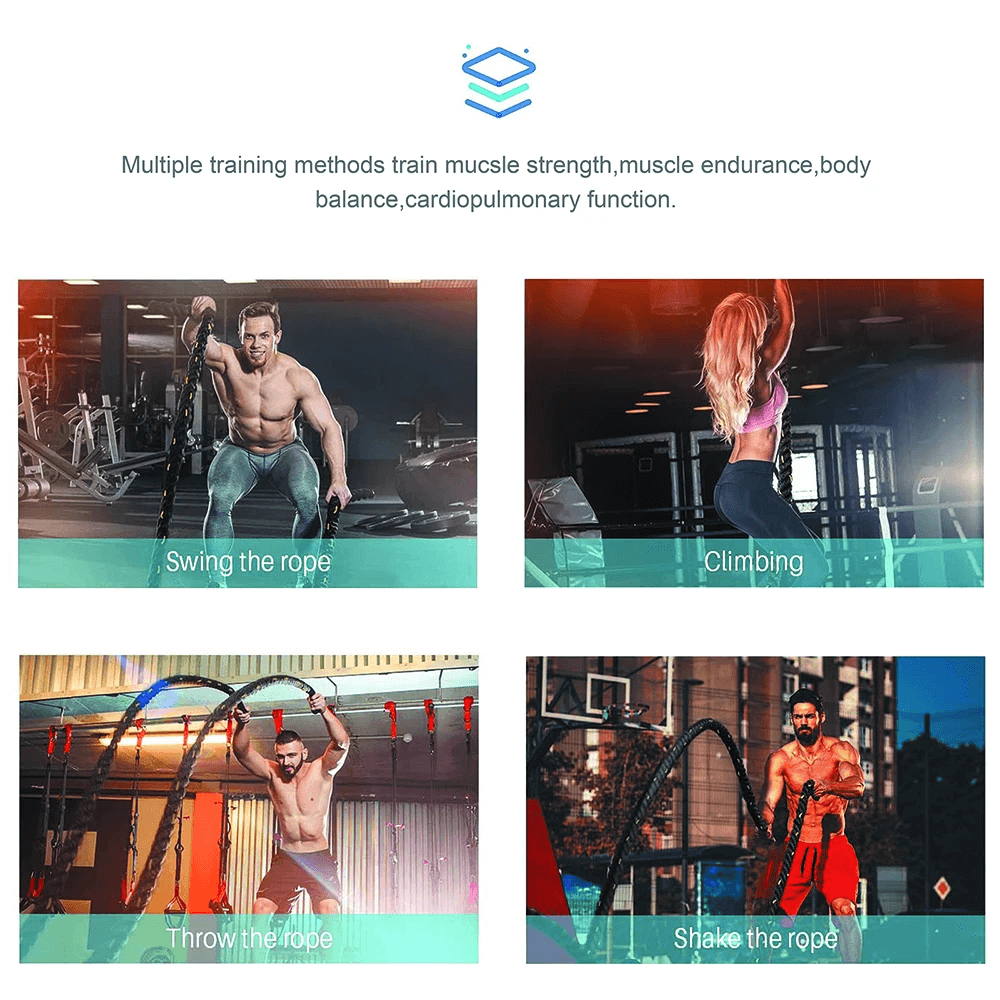 Four athletes using the Weighted Battle Jump Rope for Cardio Training - SF3494 in various exercises like swinging and climbing.