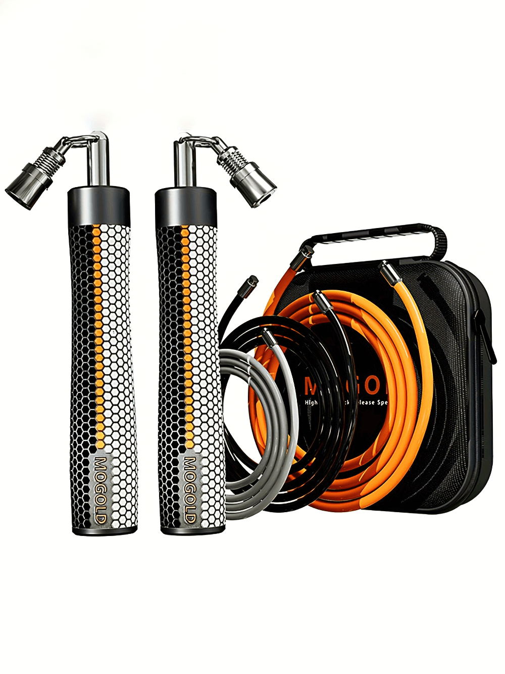 Weighted jump rope with quick-release clips, interchangeable cables, and carry case for speed training and endurance workouts.