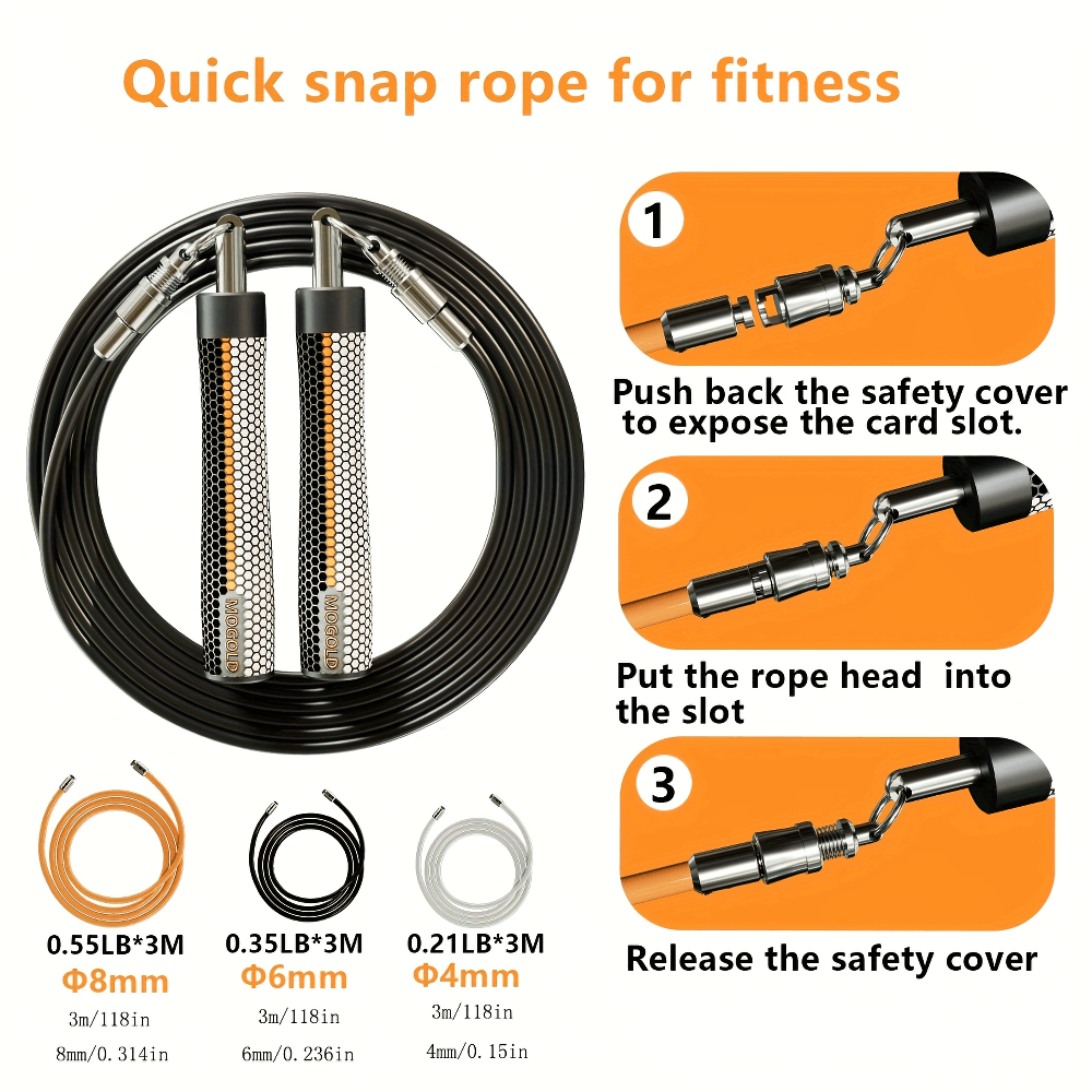 Weighted jump rope with quick release clips and interchangeable cables for speed training.