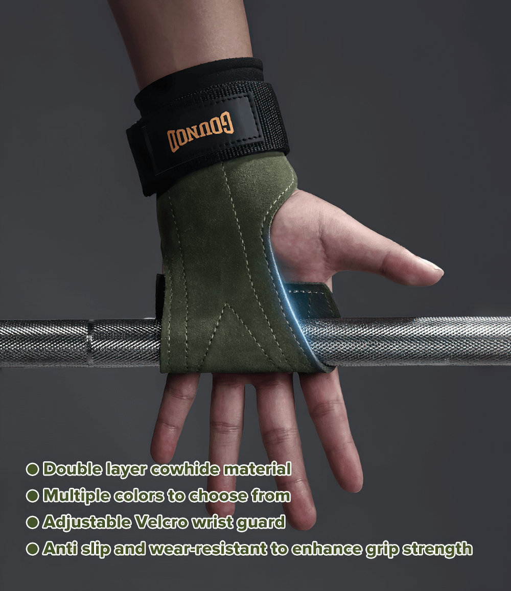Weightlifting Grips with Wrist Support Wraps - SF3514 showcasing anti-skid design and palm protection on a gym bar.