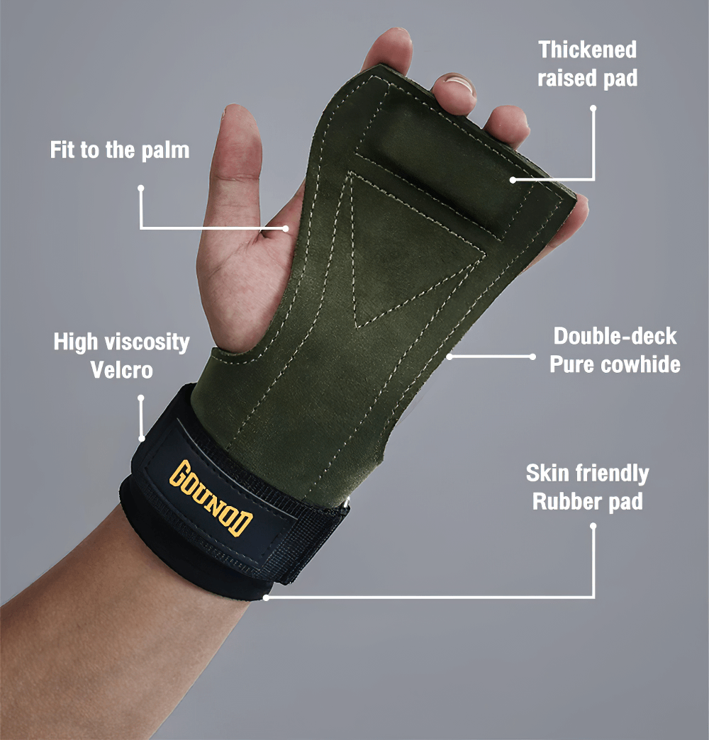 Weightlifting Grips with Wrist Support Wraps - SF3514 showcasing features: thickened pad, Velcro wrist straps, and leather palm protection.