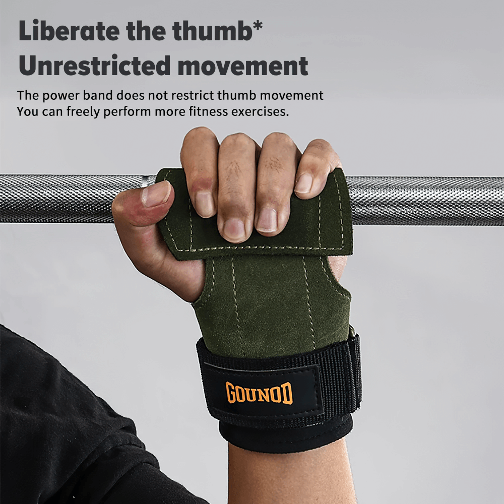 Weightlifting Grips with Wrist Support Wraps - SF3514 showcasing secure grip on barbell with reinforced leather and anti-skid design.
