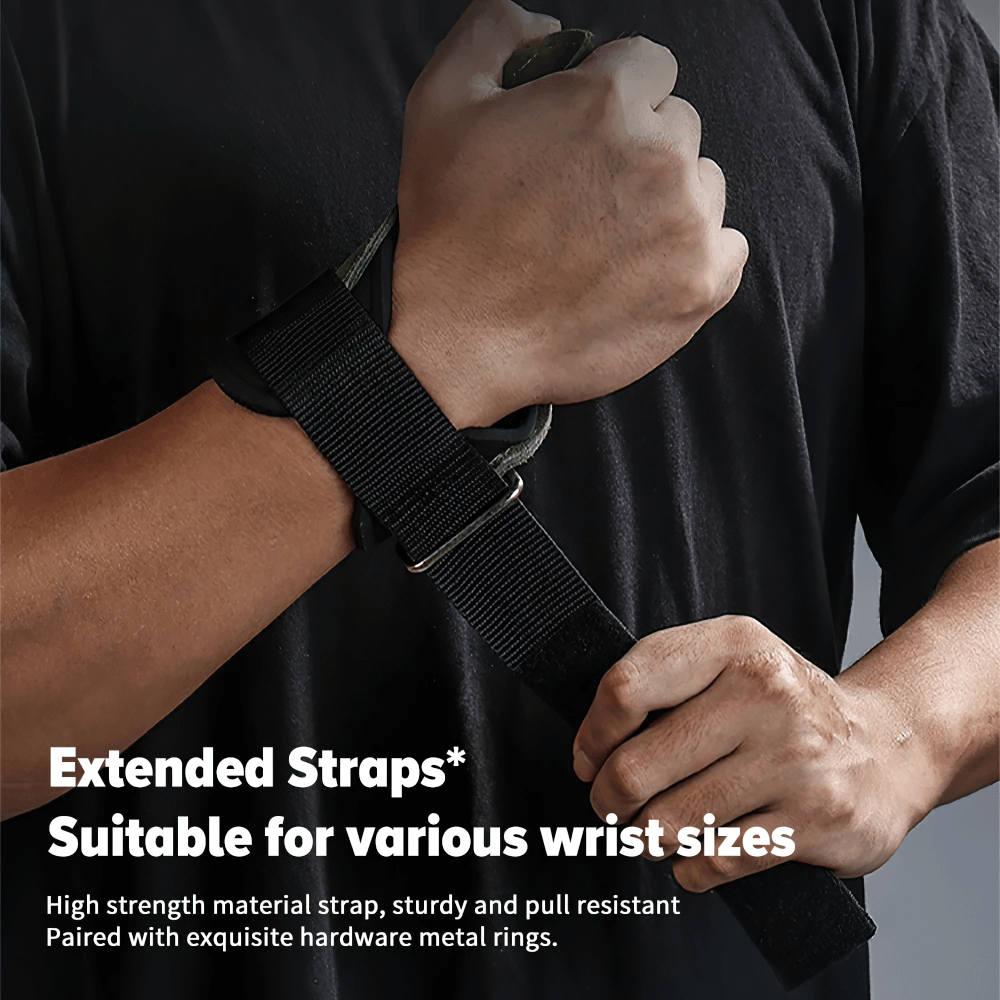 Weightlifting Grips with Wrist Support Wraps - SF3514 featuring adjustable black straps in use, showcasing fit for various wrist sizes.