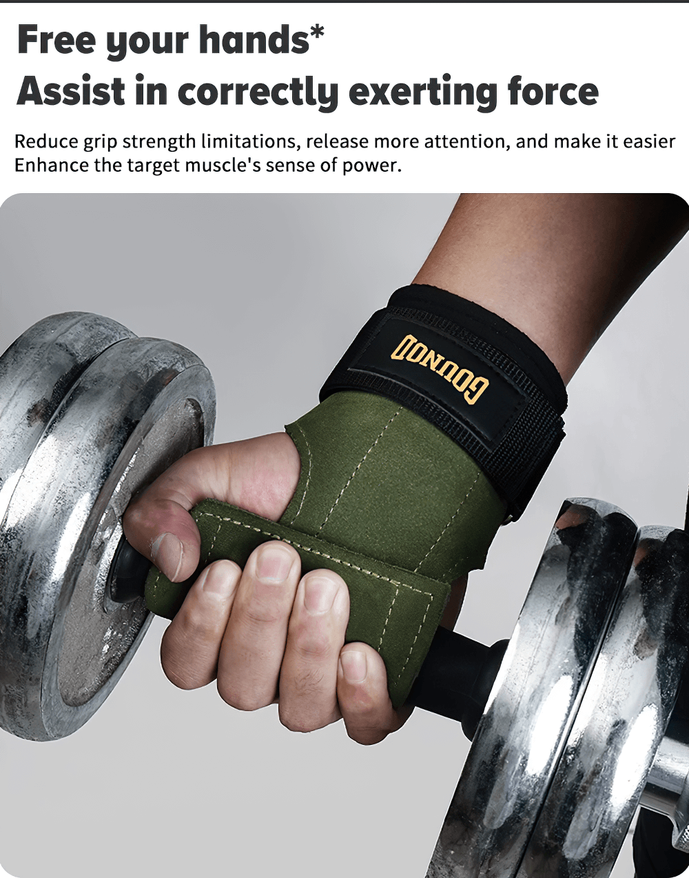 Close-up of Weightlifting Grips with Wrist Support Wraps - SF3514 lifting a dumbbell, showcasing the anti-skid design and wrist strap.