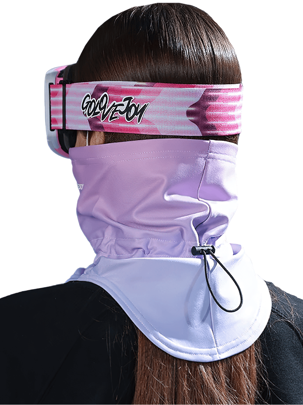 Woman wearing a purple windproof face mask with an adjustable cord, ideal for cycling and skiing in winter.