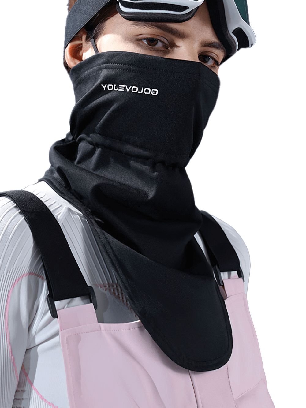 Windproof face mask for cycling and running, SF2502, worn by person in ski gear. Perfect for outdoor sports and winter activities.