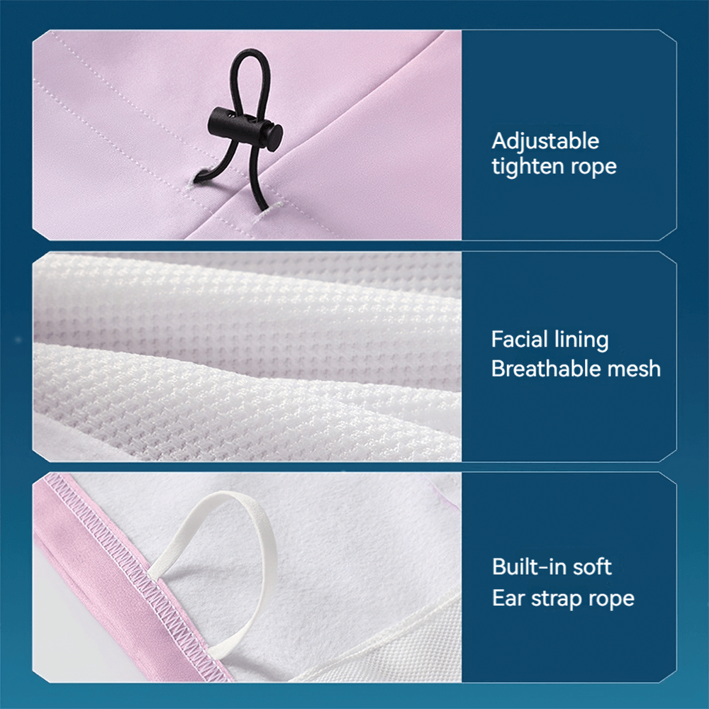 Details of windproof face mask SF2502: adjustable tighten rope, breathable mesh lining, and built-in soft ear strap for secure fit.