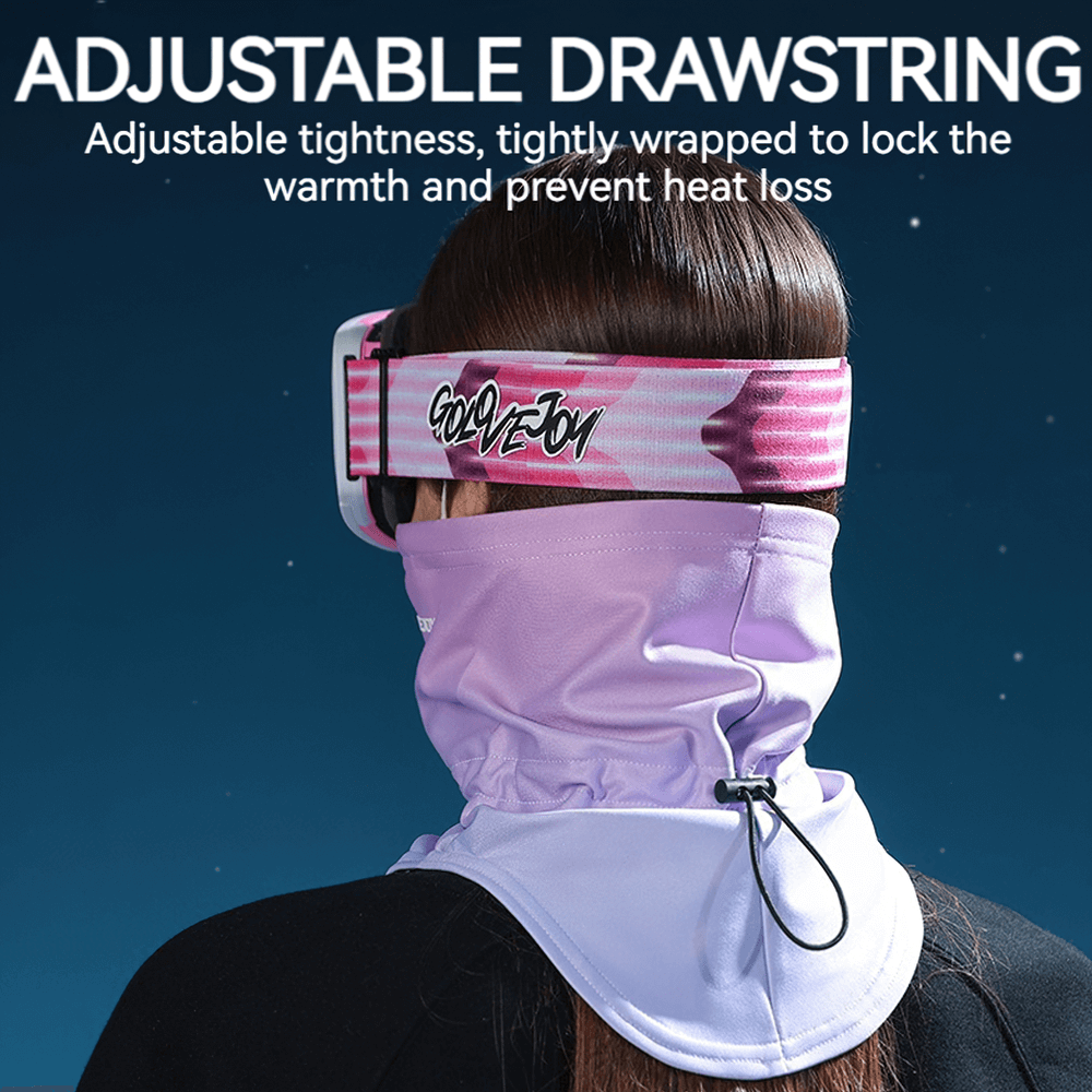 Back view of windproof face mask with adjustable drawstring for cycling, running, and skiing, providing warmth and secure ear-hanging design.