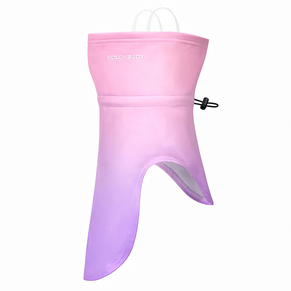 Pink and purple windproof face mask for cycling and running, featuring ear-hanging design. Ideal warm ski bandana for outdoor sports.