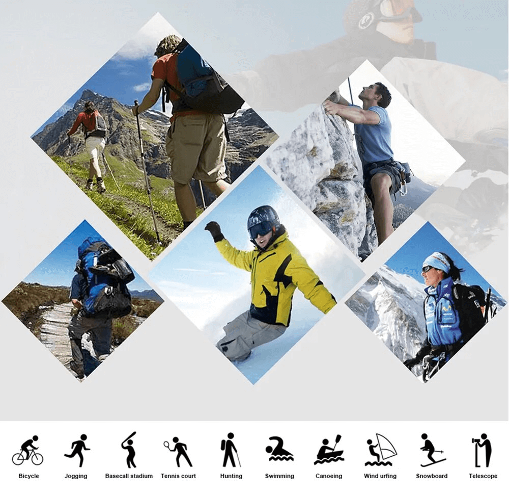 Collage of adventurers hiking, climbing, snowboarding, and exploring mountains with icons for various outdoor sports below.