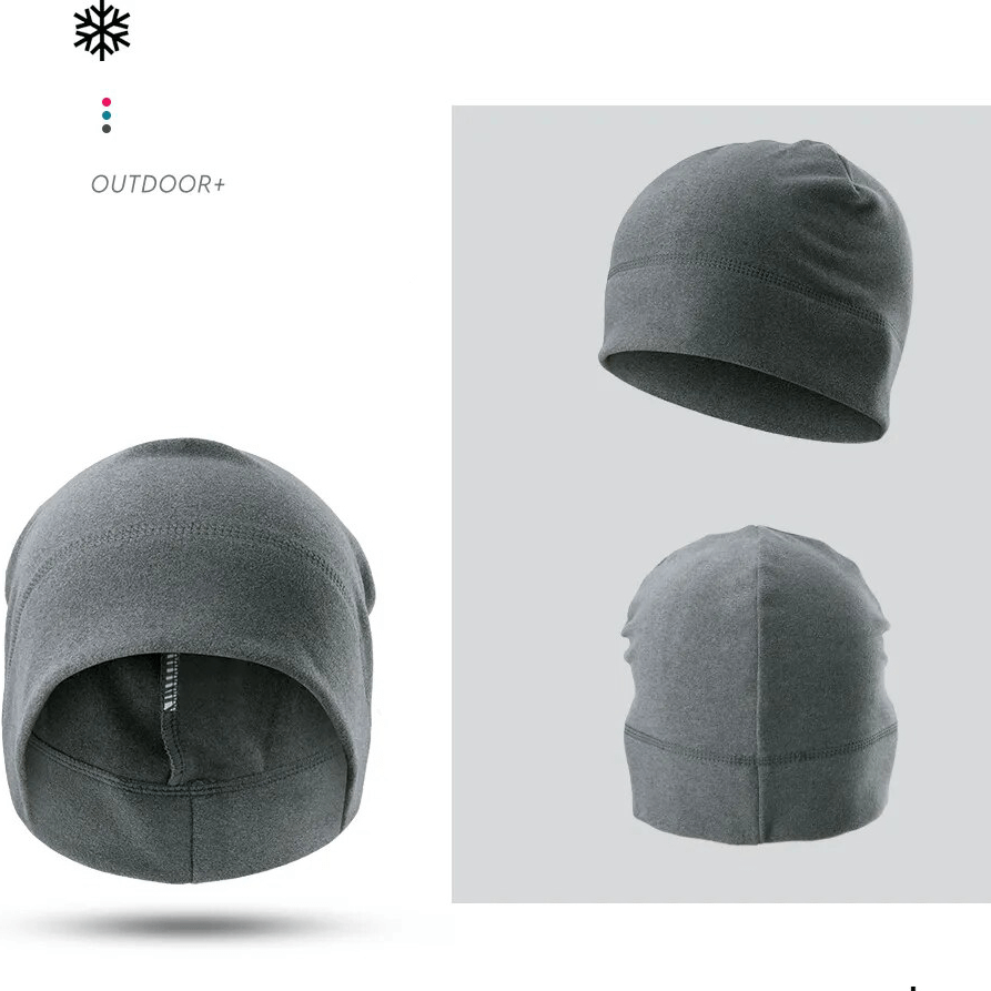 Windproof fleece beanies for cycling, tennis, and fitness in charcoal grey, showcasing front and back views; fits 54-60cm head circumference.
