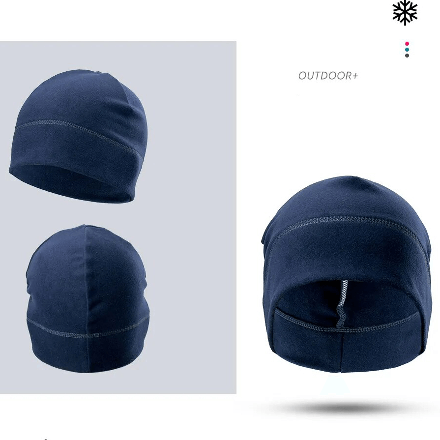 Navy blue windproof fleece beanie for cycling, tennis, and fitness. Soft, thermal protection for men and women.