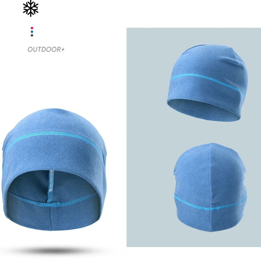Windproof fleece beanies for bicycle sports, showcasing soft blue design, thermal protection, unisex fit, for outdoor cycling or tennis fitness.