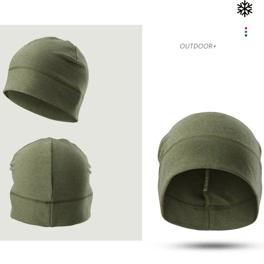 Olive green windproof fleece beanie for cycling and outdoor sports, featuring soft polyester-spandex blend and thermal protection.