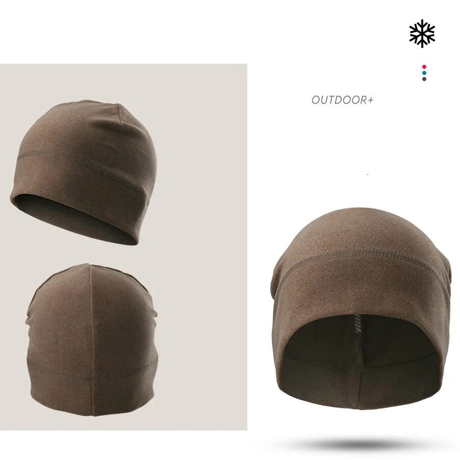 Brown windproof fleece beanie for cycling, tennis, and outdoor activities, featuring soft and stretchy polyester spandex blend.
