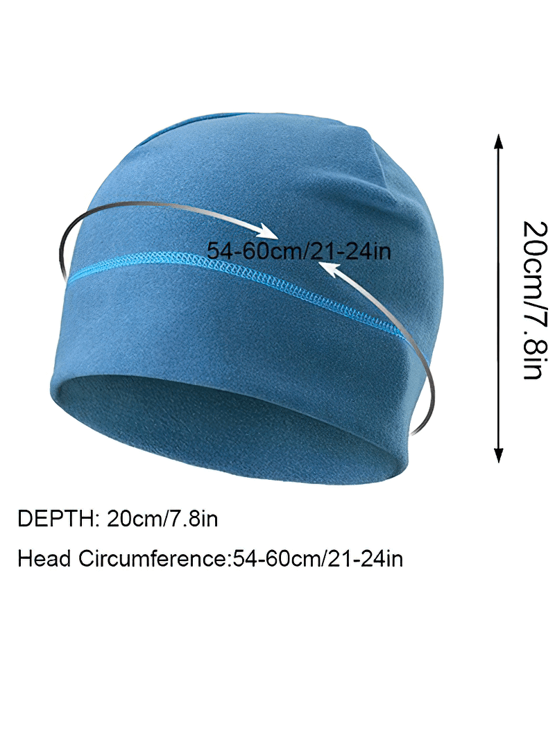 Blue windproof fleece beanie for cycling, 54-60cm head circumference, perfect for sports and outdoor activities.