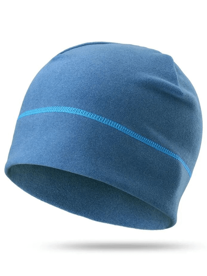 Blue windproof fleece beanie for biking, tennis, and fitness, made from soft 95% polyester and 5% spandex, one-size 54-60cm fit.
