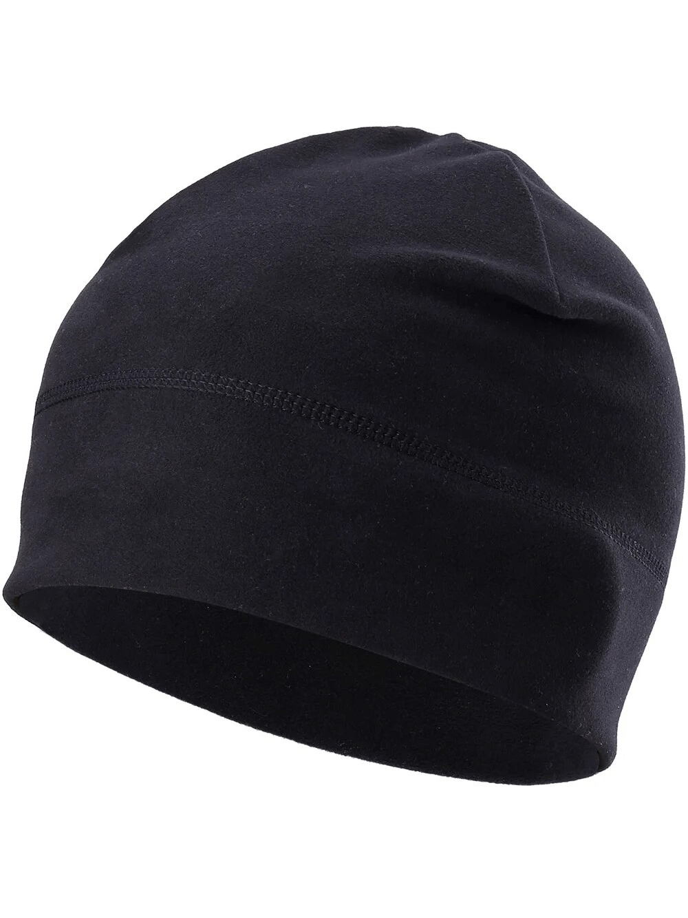 Black windproof fleece beanie for cycling, tennis, and fitness with thermal protection, made of polyester and spandex, unisex fit.