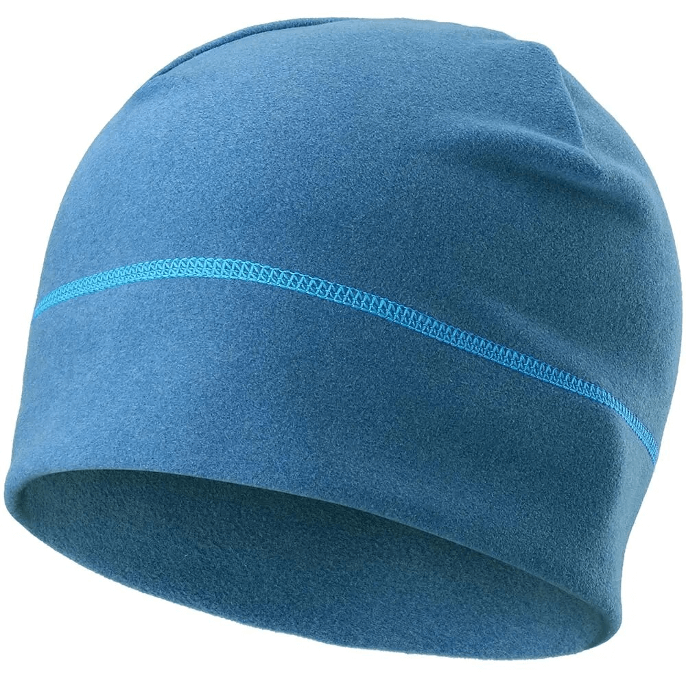 Blue windproof fleece beanie for cycling, tennis, fitness, and outdoor sports. Made with thermal polyester-spandex blend. One size fits most.