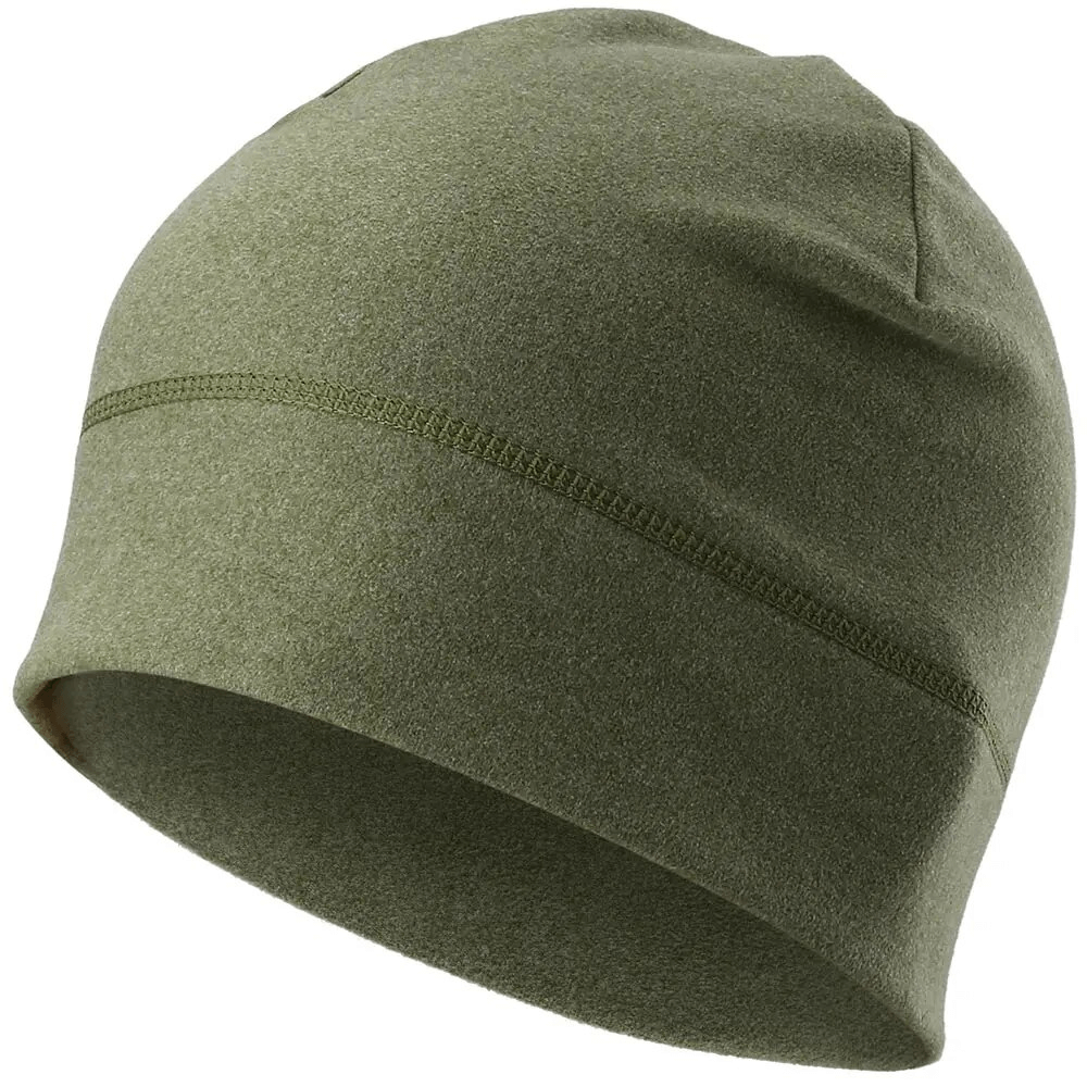 Green windproof fleece beanie for cycling, tennis, and fitness, made of soft polyester and spandex for thermal protection. One size fits all.