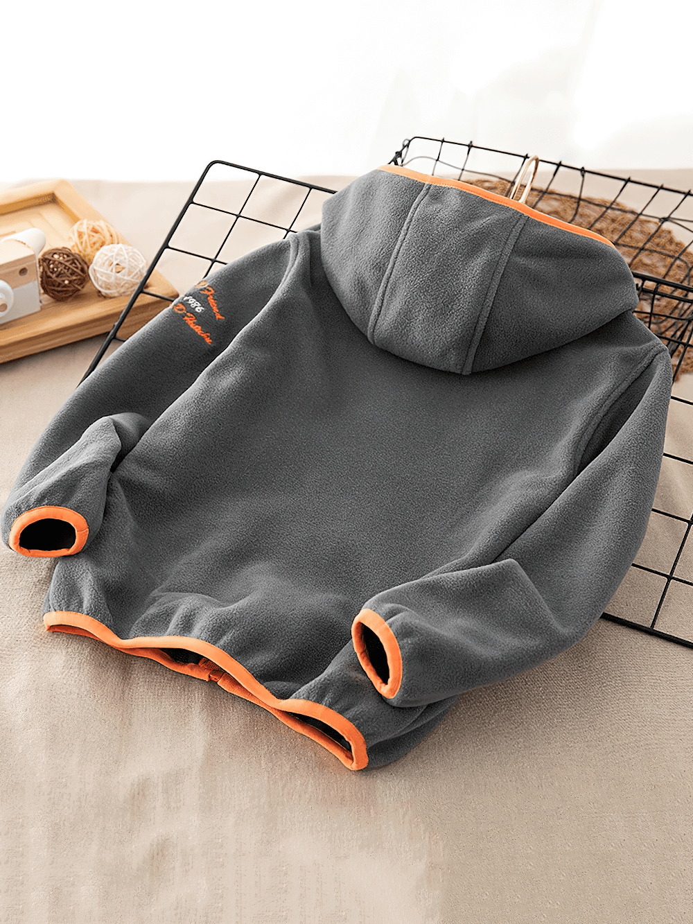 Windproof Fleece Hooded Zip Jacket for Kids - SF3551 in gray with orange trim, featuring a cozy hood and contrast zipper details.