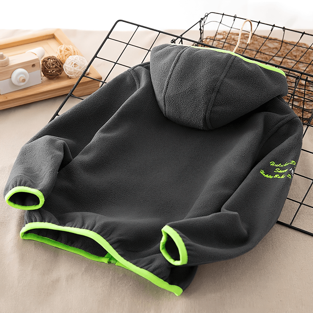 Windproof Fleece Hooded Zip Jacket for Kids - SF3551, cozy outdoor wear with vibrant contrast zipper and hood for active children.