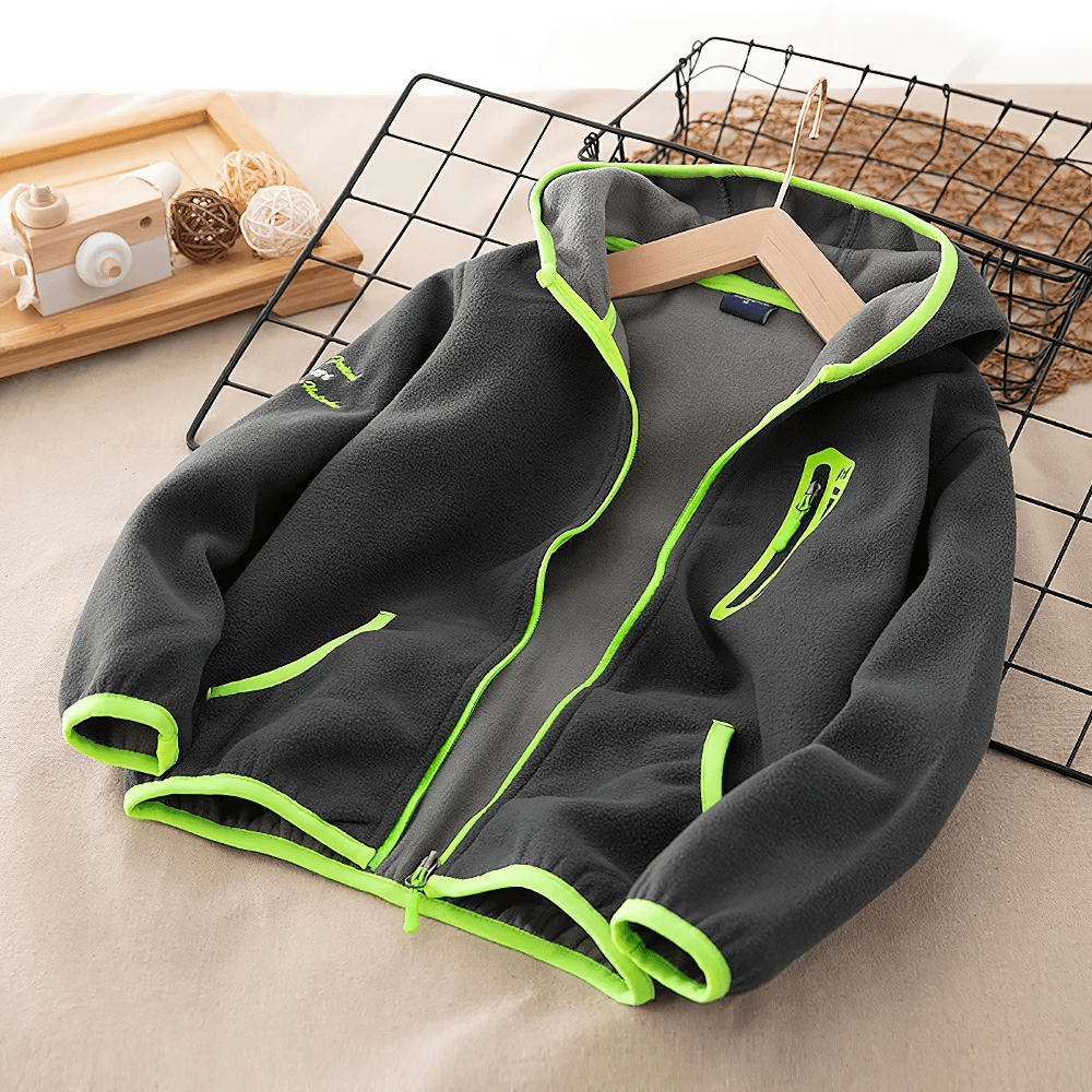 Windproof Fleece Hooded Zip Jacket for Kids - SF3551 displayed on a hanger with contrast zippers on a grid backdrop